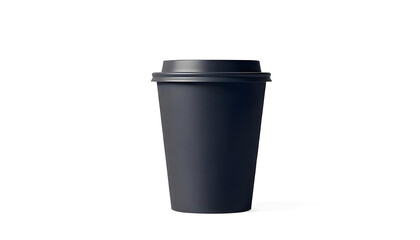 A black paper coffee cup with a white plastic lid on a white background, simple, minimalist, clean, studio shot, product photography 