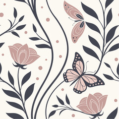 Blooming Beauty: A serene and intricate seamless pattern of delicate flowers and whimsical butterflies floats. Elegant stems and leaves gracefully adorn the composition