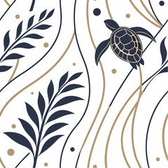 Underwater Serenity: An artistic portrayal of underwater life, featuring a sea turtle and delicate sea plant silhouettes. The illustration has a calming and aesthetic charm. 