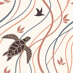Abstract Sea Turtle Pattern:  An abstract design of a sea turtle gracefully gliding through gentle currents, featuring soft organic shapes, muted colors, and a sense of calm tranquility.
