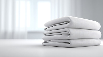 Soft white folded towel stack on clean surface with bright window