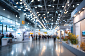 Blurred indoor exhibition hall filled with people walking through exhibit booths and bright lights