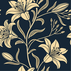 Elegant Lily Blossom: A stunning seamless pattern features gracefully intertwined lilies with intricate details, their creamy petals contrasted against a deep, velvety background.