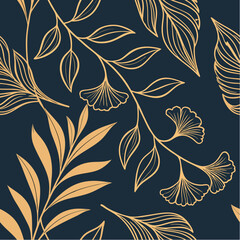 Golden Botanical Serenity: An artistic pattern of delicate, golden-hued leaves gracefully overlays a deep indigo background, perfect for textile, wallpaper, or design elements.