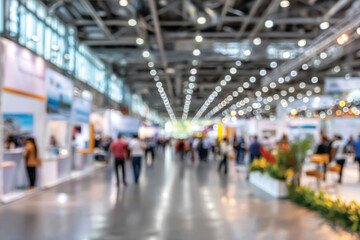 Blurred indoor exhibition hall filled with people walking through exhibit booths and bright lights