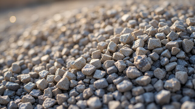 Pile of gray crushed stones, bathed in warm sunlight, close-up view of texture and details.
