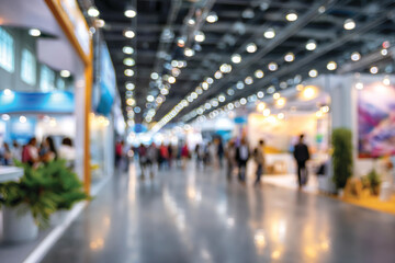 Blurred indoor exhibition hall filled with people walking through exhibit booths and bright lights