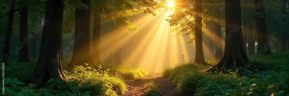 Canvas Prints sunbeams filtering through a dense canopy, dappling the forest floor with golden light a tranquil sc