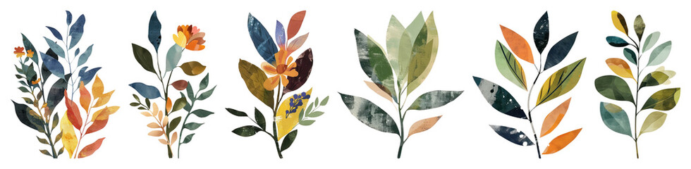 Fototapeta na wymiar PNG Colorful watercolor botanical leaf illustrations, element set on transparent background