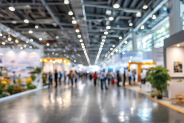 Blurred indoor exhibition hall filled with people walking through exhibit booths and bright lights