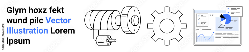 Poster industrial motor and gear represent engineering, while data chart suggests analytics and insights. i