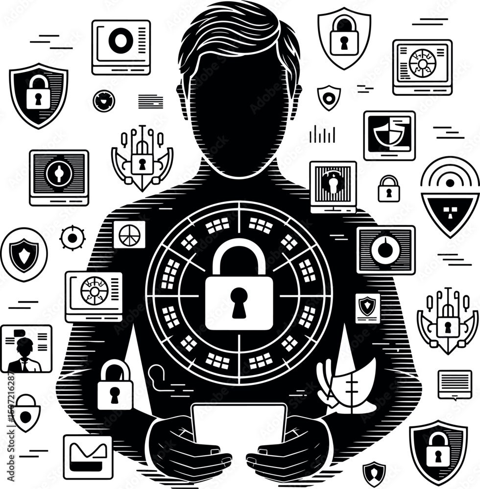 Poster cybersecurity: a man is surrounded by icons related to cybersecurity, symbolizing data protection an