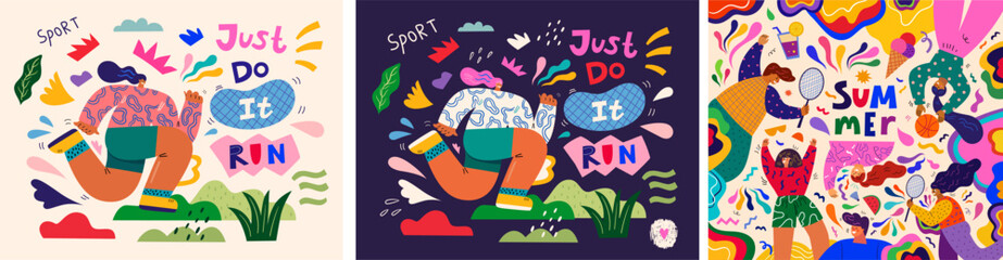Colorful summer vector illustrations with people doing sports. People are running. Modern illustrations