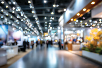 Blurred indoor exhibition hall filled with people walking through exhibit booths and bright lights