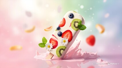 Colorful Frozen Yogurt Popsicle with Fresh Fruits on Pastel Background