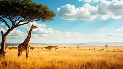 Obraz premium Giraffe Feeding Under Acacia Tree in African Savannah