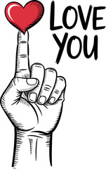 Love and Affection: A detailed drawing shows a hand pointing upward, with a heart hovering above the finger, symbolizing love and affection. A warm message conveys feelings.