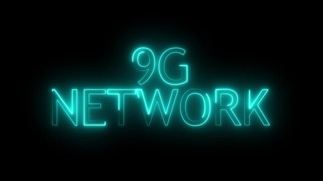 High speed network communication technology animation neon on black background. 9G network animation with cityscape and high tech connectivity, neon effect sign board clipboard on black background
