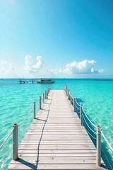 Obraz premium Sun-drenched white pier extending into calm turquoise water, perfect for a relaxing summer scene Ideal for travel, vacation, or coastal lifestyle imagery , white, getaway, scenic