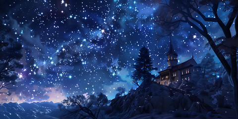 Fototapeta premium Serene Night with Starry Sky Above Quaint Hilltop House
