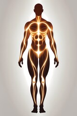A full-body abstract silhouette with soft light trails following the muscle lines (shoulders to arms core to legs). Light energy flow style smooth organic curves warm gradients. Vertical...