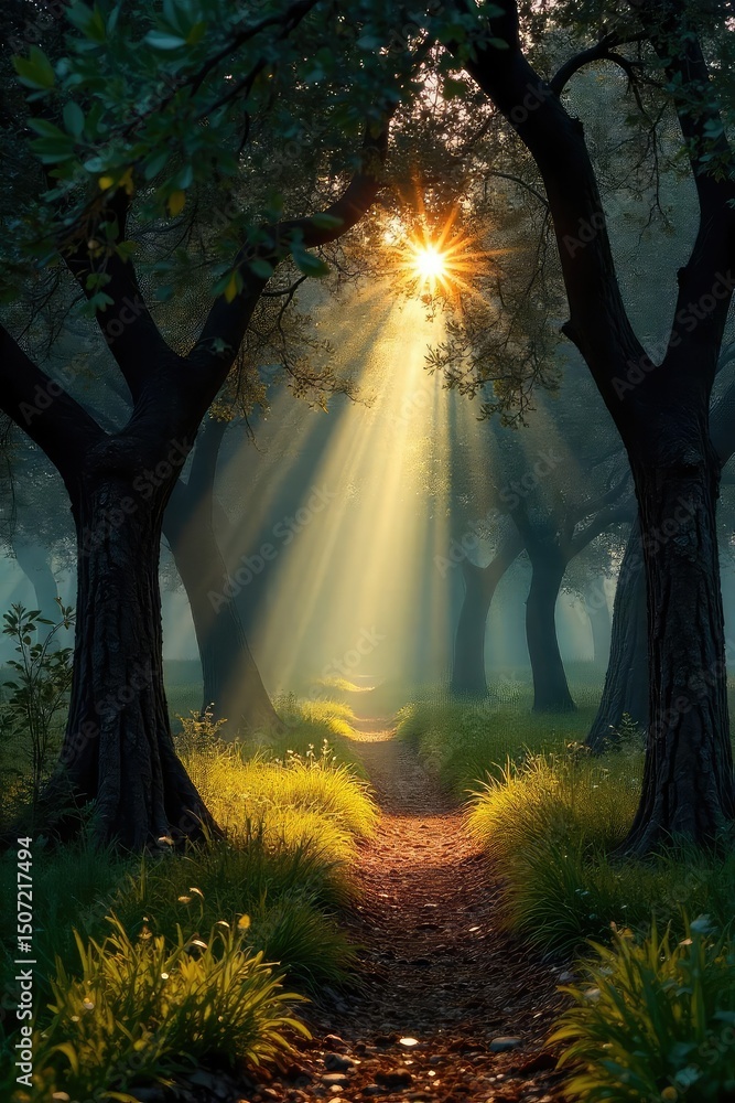Canvas Prints sunlight dapples through ancient olive trees in a serene greek forest, creating a mystical atmospher