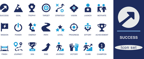 Minimal black solid success icon set, illustrating success and growth. Includes  icons like goal, trophy, win, launch, and vision. Perfect for UI, apps, web, business, and presentations.