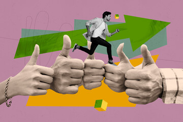 Trendy art creative full zine photo collage of happy businesswoman businessman run human hands show...