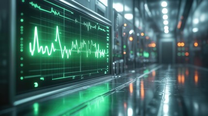 Tracking volatile data with green monitor in a server room conveying stability and consistent