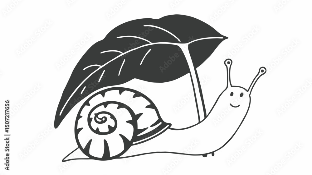Poster cartoon snail with a spiral shell smiling under a large leaf providing shade on a white background s