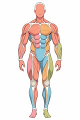 A flat vector illustration of a full human silhouette divided into color-coded muscle zones: arms chest abdomen thighs calves and back. Each area is shown in a distinct pastel tone. Clean outlines...