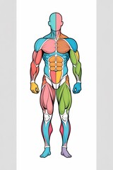 A flat vector illustration of a full human silhouette divided into color-coded muscle zones: arms chest abdomen thighs calves and back. Each area is shown in a distinct pastel tone. Clean outlines...