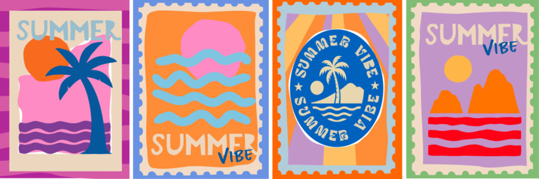 Summer vibe. Vector abstract minimal art illustration of postage stamp with beach and palm tree, wave, sea, sun, rock and California for poster, background, invitation, card, print, icon or flyer