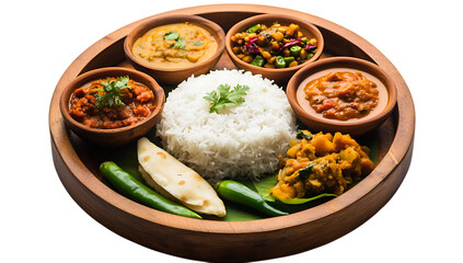 Aromatic Indian cuisine platter with rice and various curries.