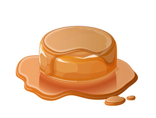 Sweet caramel isolated on white background. Round soft candy with caramel flavor. Single toffee in caramel syrup. Vector illustration for confectionery, dessert cooking, culinary ingredient