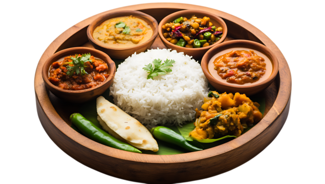 Aromatic Indian cuisine platter with rice and various curries. - Powered by Adobe