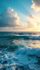 Obraz premium Vast ocean meeting the sky at the horizon, tranquil waves gently rolling Perfect for travel, nature, and serenity themes , expanse, aquatic
