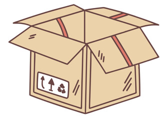 Cartoon cardboard box open illustration isolated on white background simple and clean style.