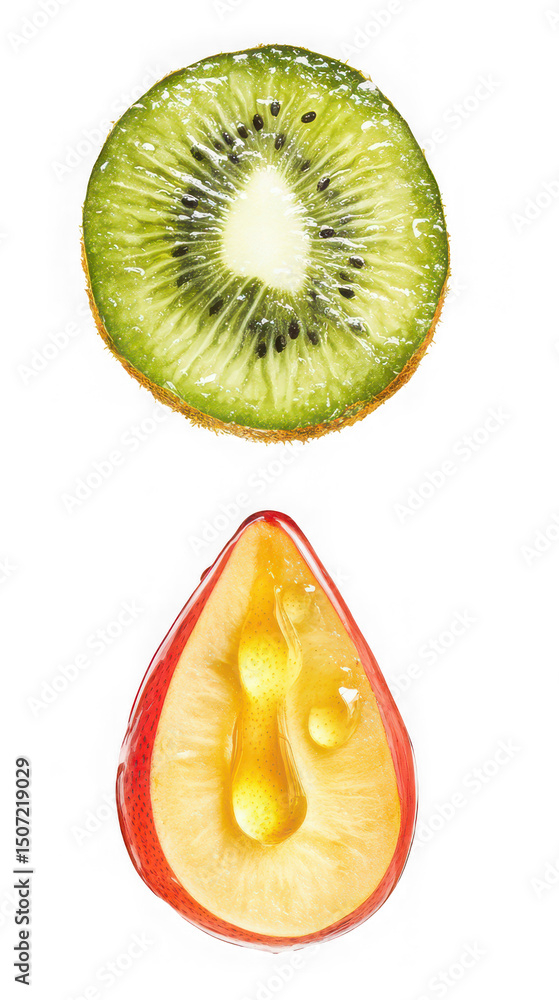 Aufkleber fresh kiwi slice and apple slice with honey on transparent background