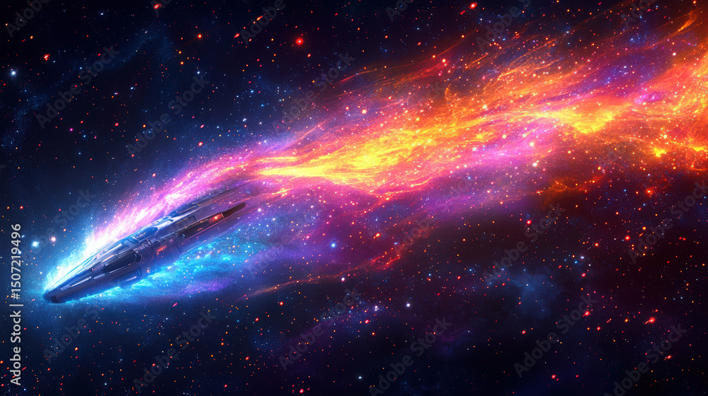 Poster spaceship navigating a cosmic nebula. a futuristic spaceship streaks through vibrant cosmic nebula, 