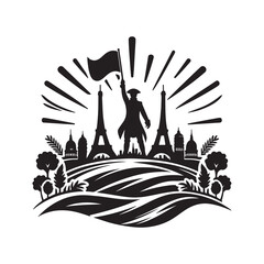 Bastille Day Silhouette Vector Illustration, Solid White Background.