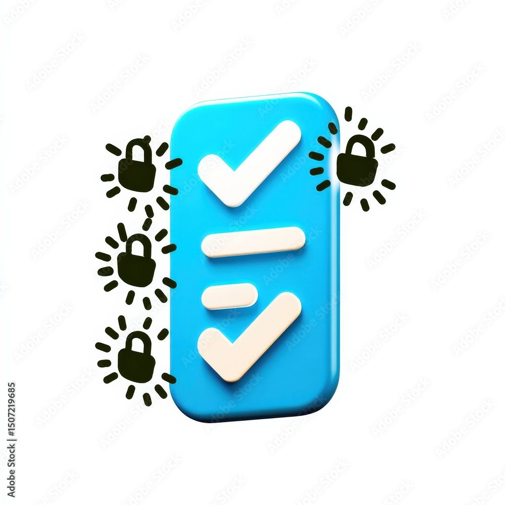 Poster cyber security ransomware prevention concept. blue checklist icon with padlocks symbolizing security