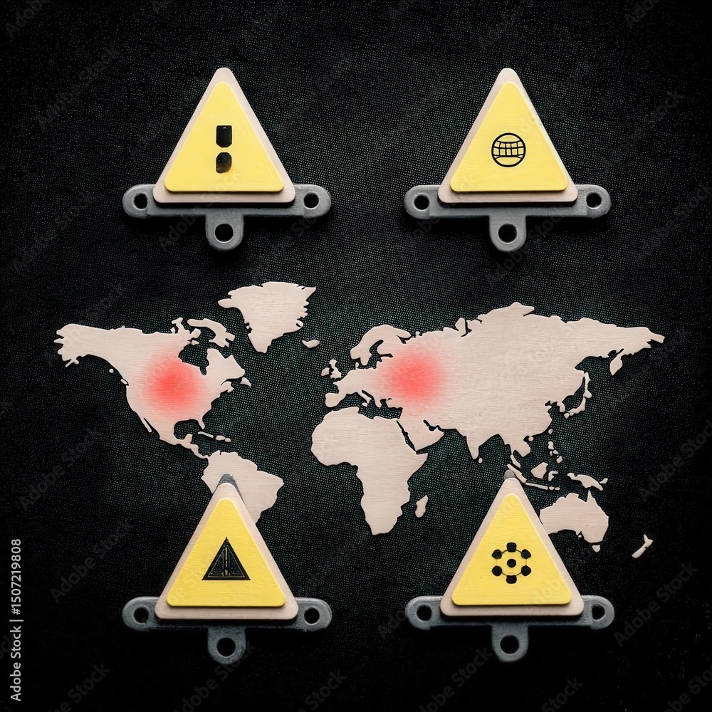 Aufkleber cyber security ransomware prevention concept. warning signs over a world map background indicating s