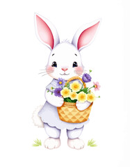 rabbit, bunny with flowers basket vector 