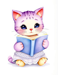 kitten reading story book illustration vector 