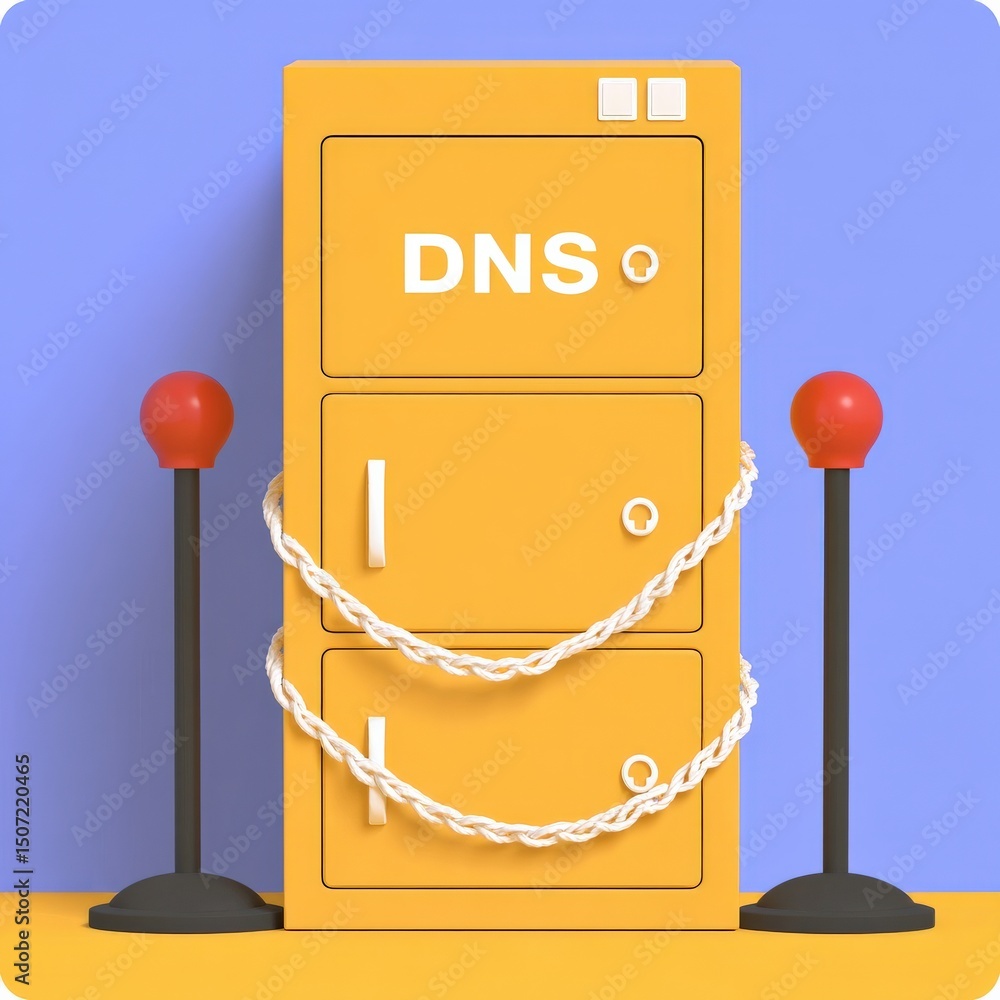 Poster cyber security ransomware prevention concept. yellow filing cabinet with dns label and safety chains