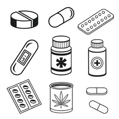 Medicine and Pharmaceutical Icon Set – Clean Black and White Outline of Pills, Packaging, and Medical Symbols