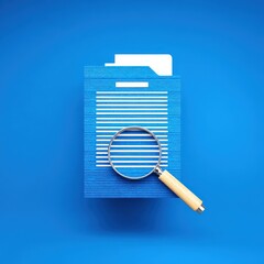 cyber security ransomware prevention concept. Document folder with magnifying glass on a blue background.