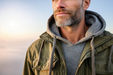 Fototapeta premium Close-up of man wearing green jacket, gray hoodie, graying beard, looking into distance.