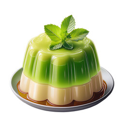 A delicious, layered dessert with fresh mint leaves. The vibrant colors of the treat evoke a sense of freshness and sweetness
